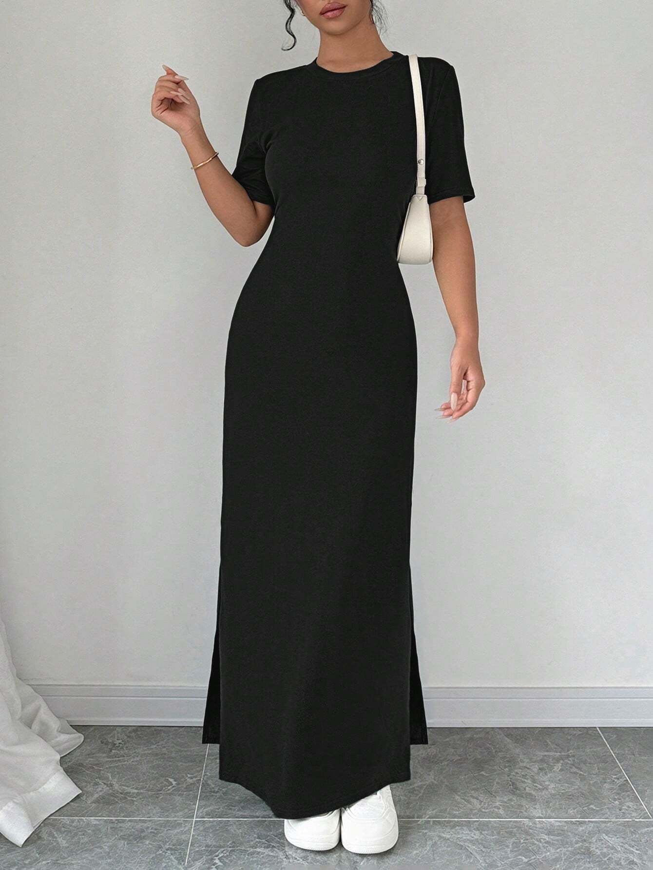Chiquease Women V-Neck Split Hem Solid Color Short Sleeve Dress Maxi Women Outfit