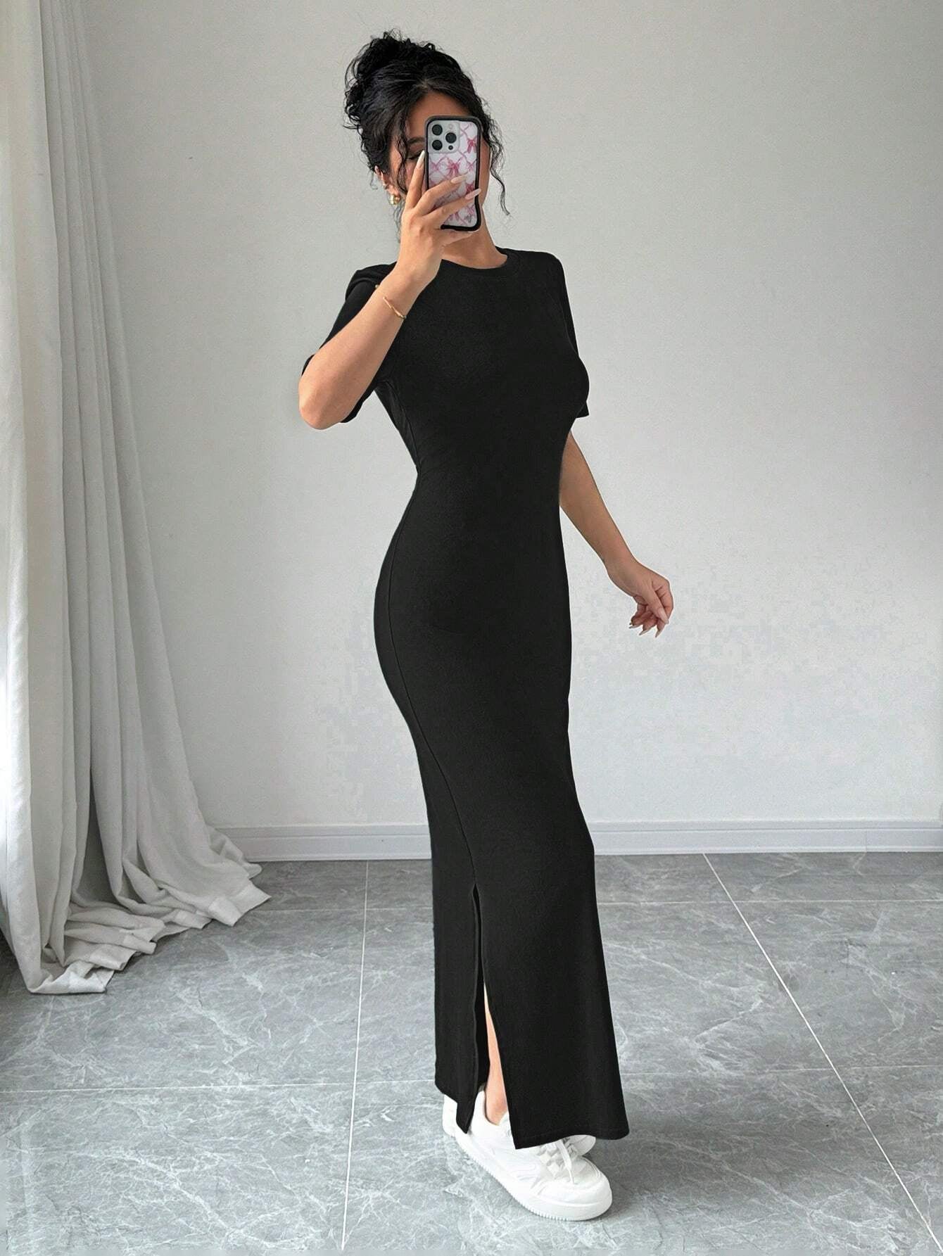 Chiquease Women V-Neck Split Hem Solid Color Short Sleeve Dress Maxi Women Outfit