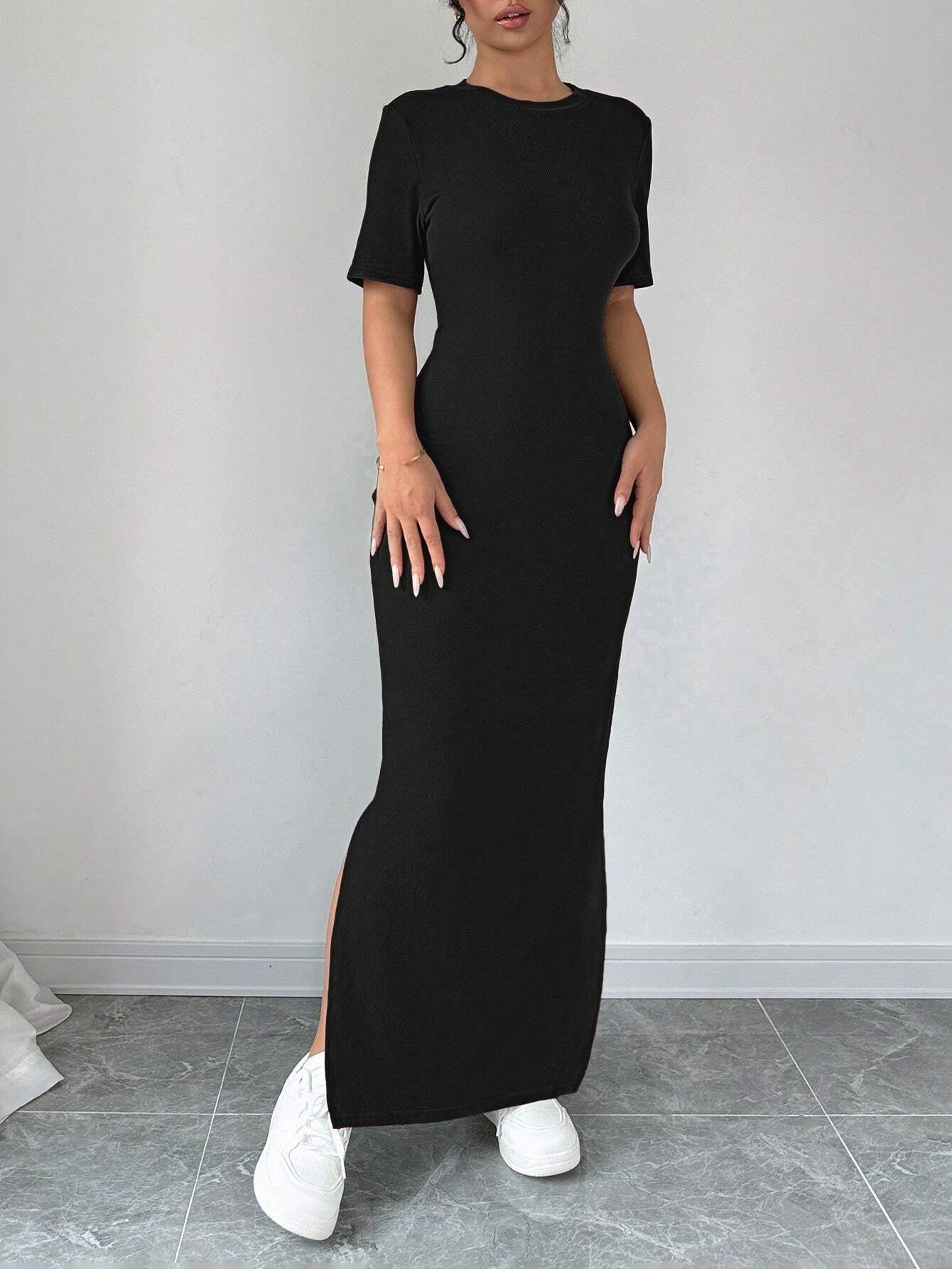 Chiquease Women V-Neck Split Hem Solid Color Short Sleeve Dress Maxi Women Outfit