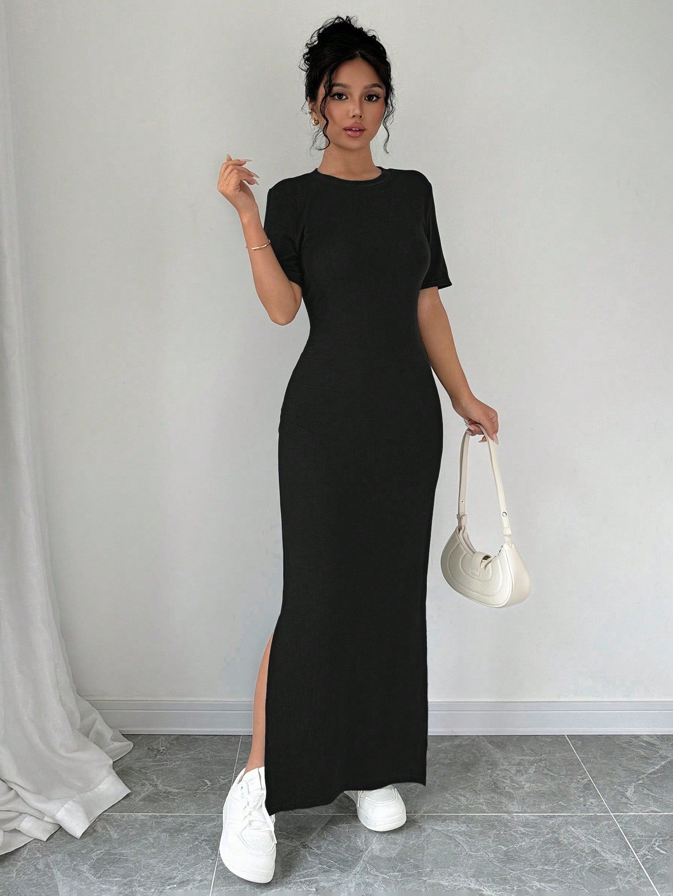 Chiquease Women V-Neck Split Hem Solid Color Short Sleeve Dress Maxi Women Outfit