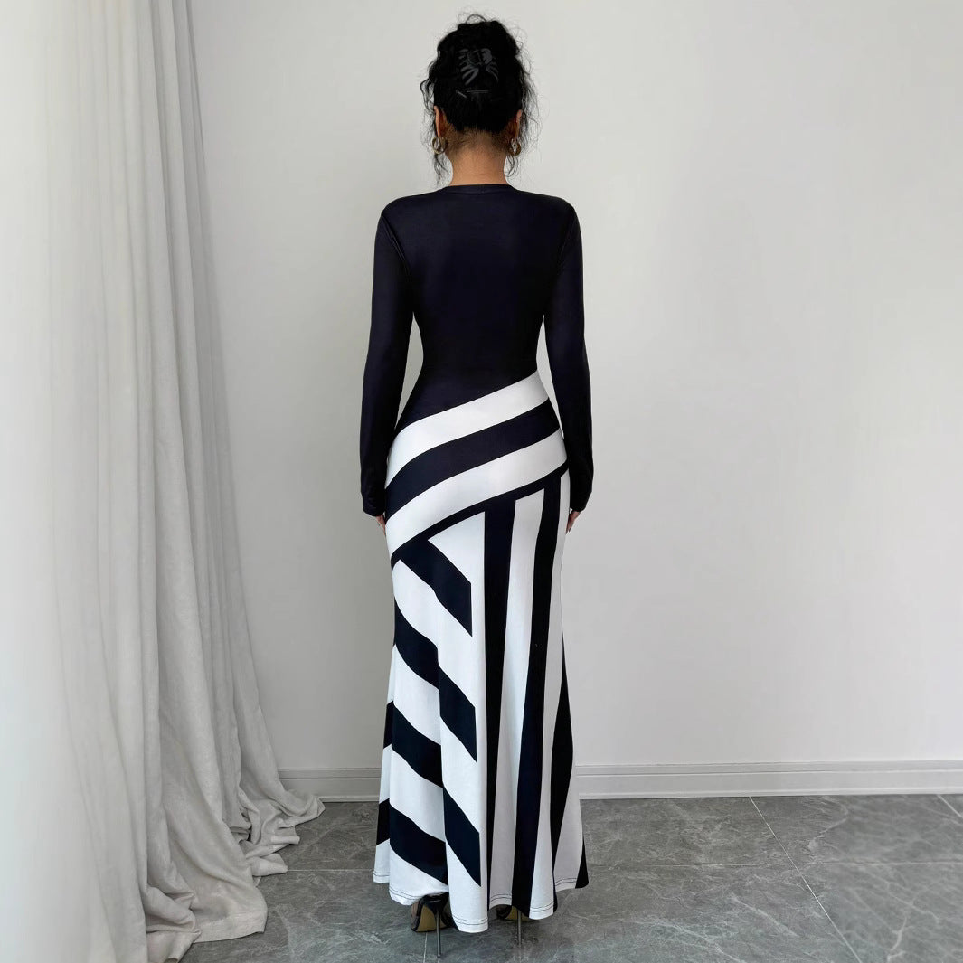 Women's Sexy Asymmetric Neckline Irregular Stripes Dress