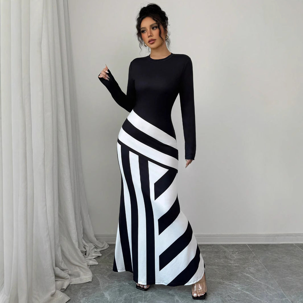 Women's Sexy Asymmetric Neckline Irregular Stripes Dress
