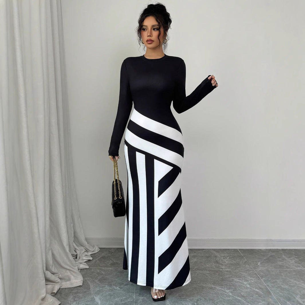 Women's Sexy Asymmetric Neckline Irregular Stripes Dress
