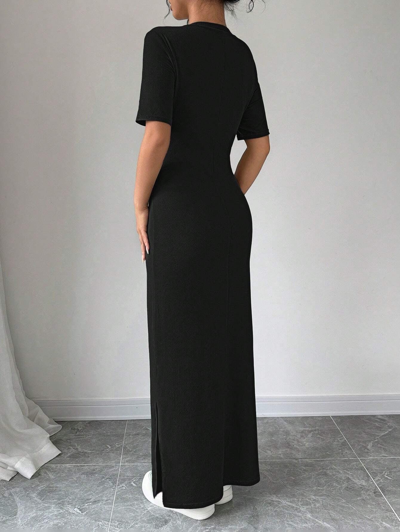 Chiquease Women V-Neck Split Hem Solid Color Short Sleeve Dress Maxi Women Outfit