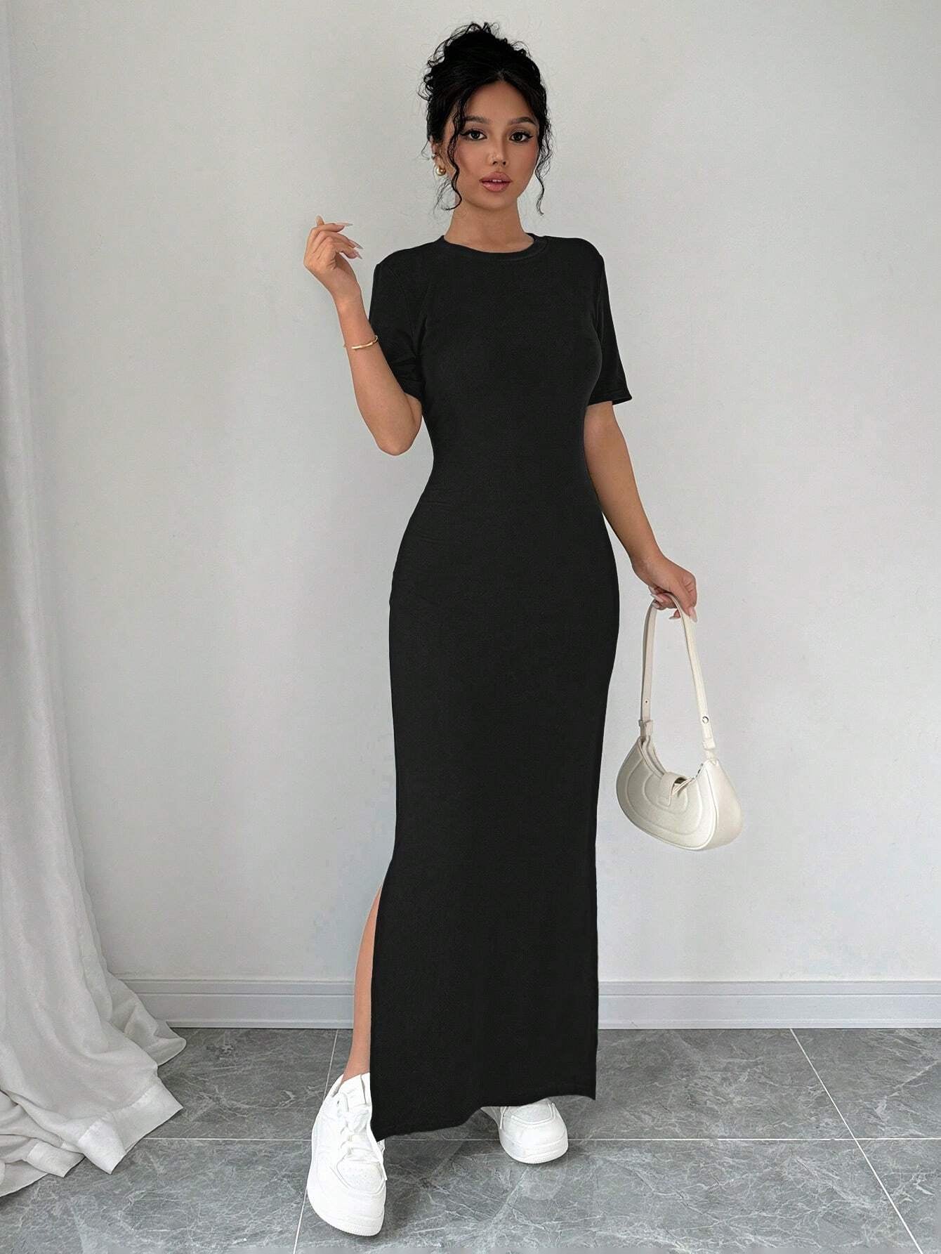 Chiquease Women V-Neck Split Hem Solid Color Short Sleeve Dress Maxi Women Outfit