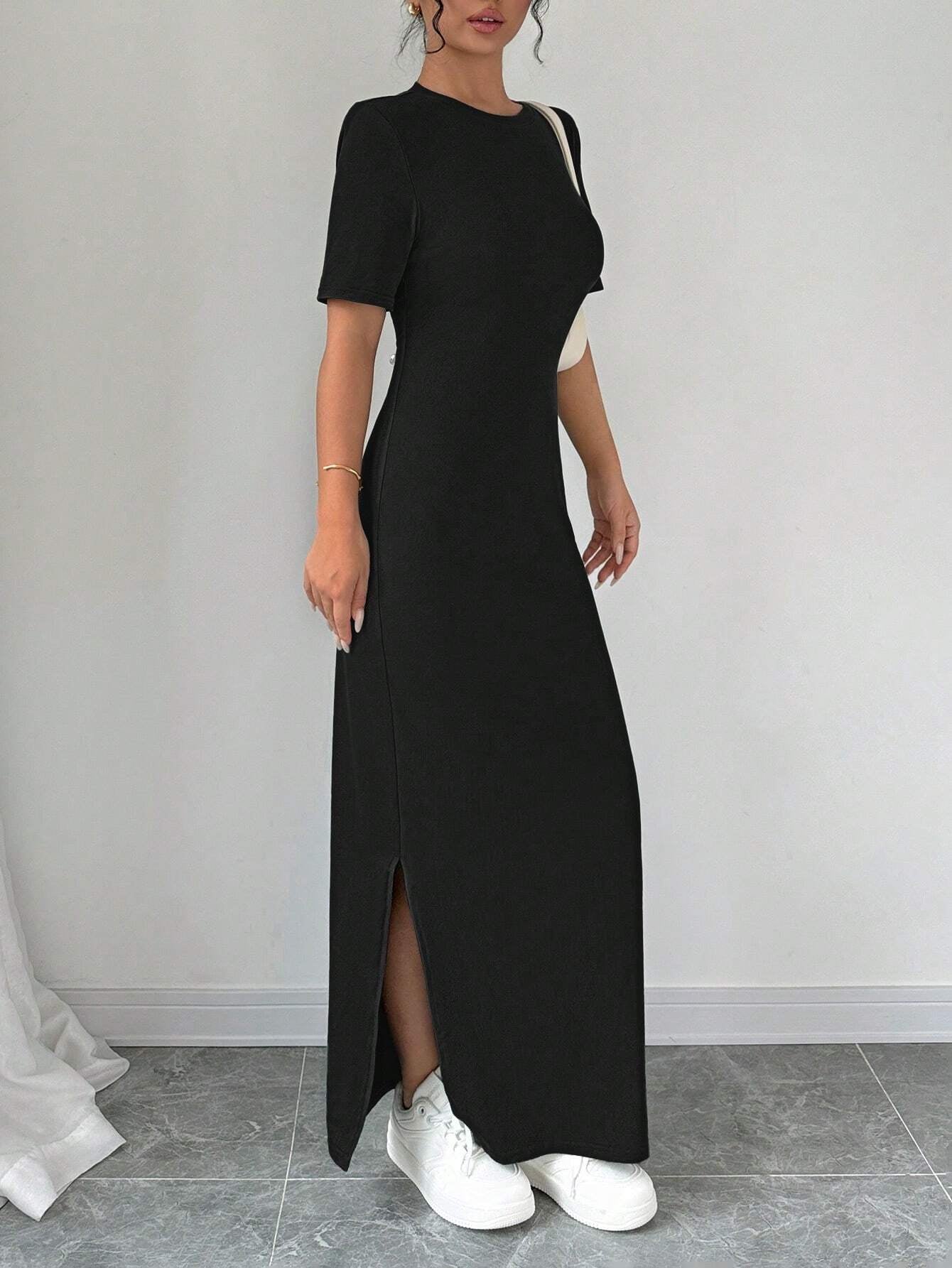 Chiquease Women V-Neck Split Hem Solid Color Short Sleeve Dress Maxi Women Outfit