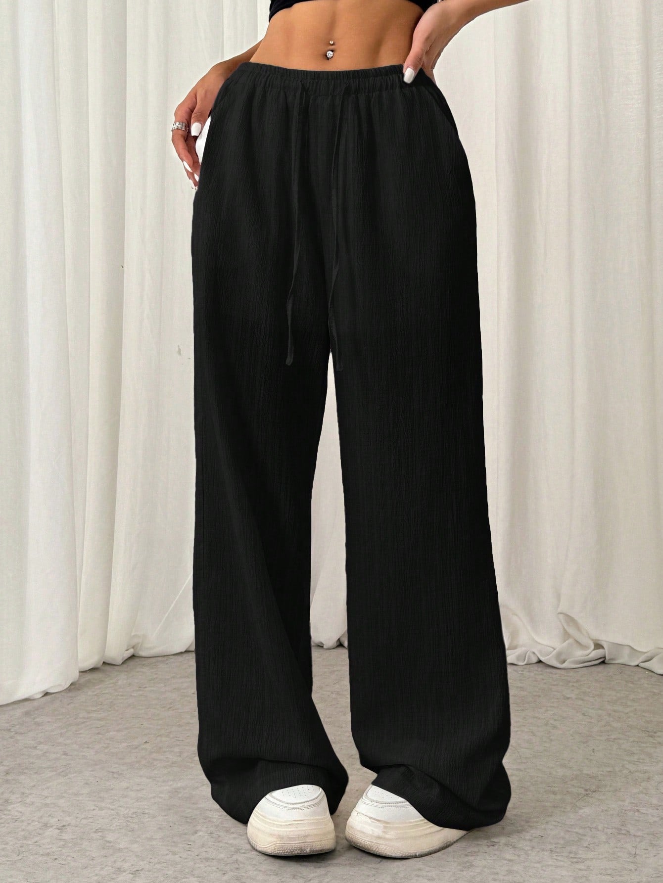 Ezwear Women's Drawstring Straight Leg Casual Pants with Crinkle Texture and Loose Fit