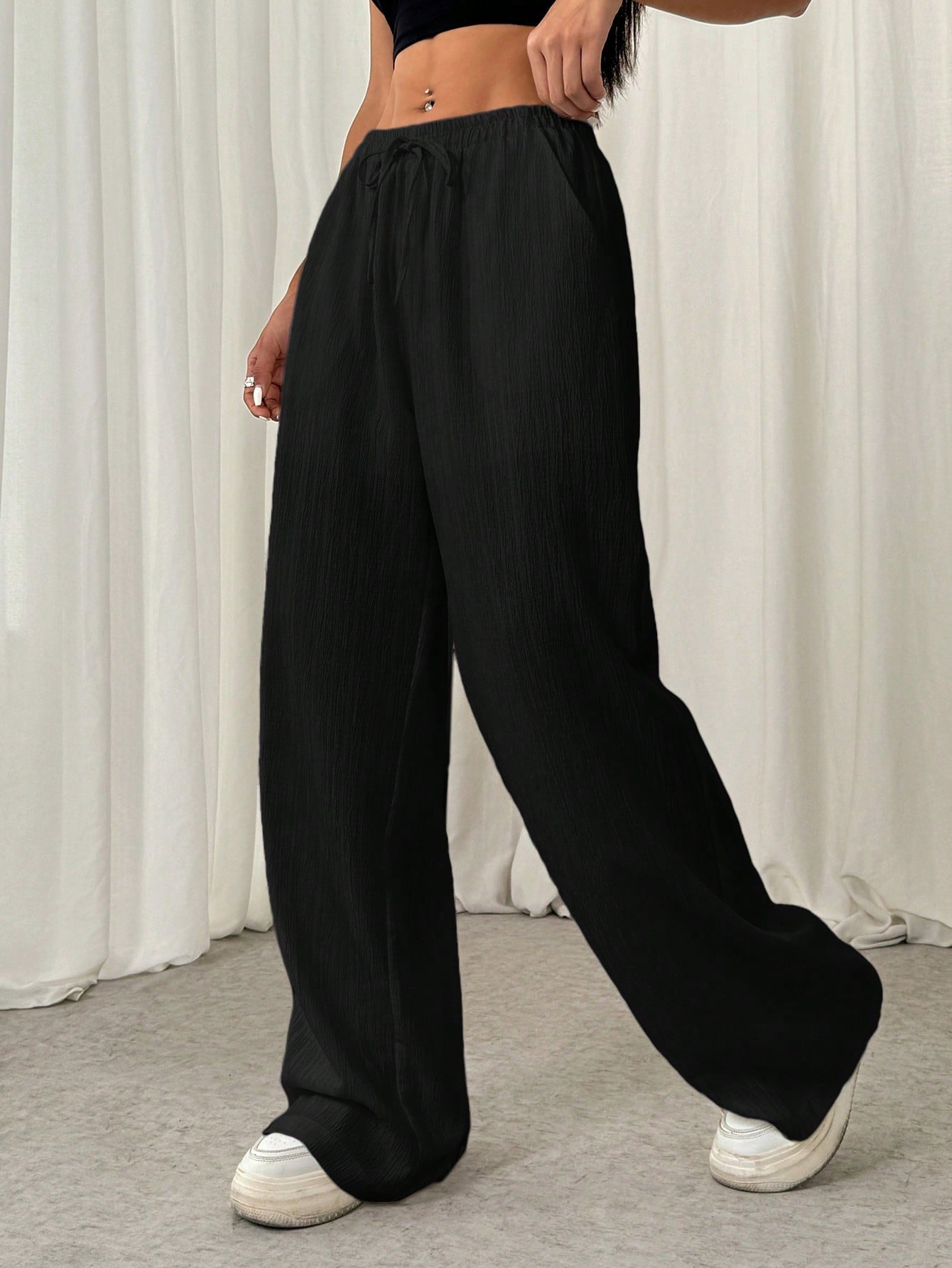 Ezwear Women's Drawstring Straight Leg Casual Pants with Crinkle Texture and Loose Fit
