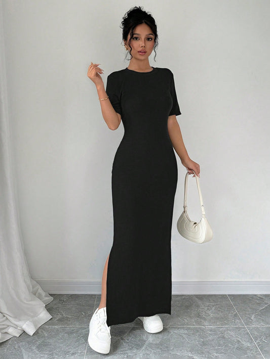 Chiquease Women V-Neck Split Hem Solid Color Short Sleeve Dress Maxi Women Outfit