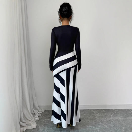 Women's Sexy Asymmetric Neckline Irregular Stripes Dress