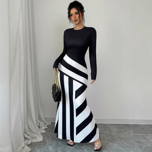 Women's Sexy Asymmetric Neckline Irregular Stripes Dress