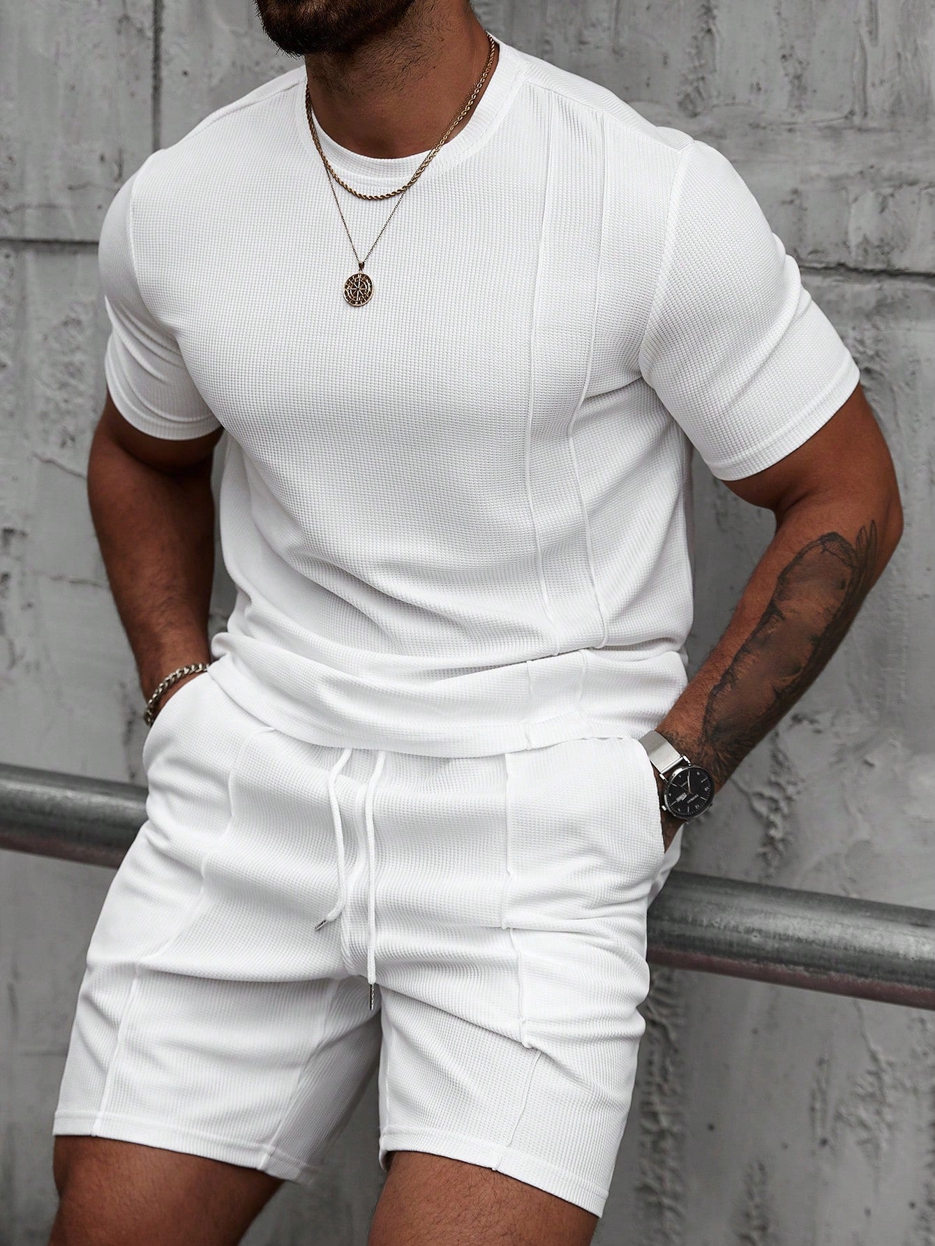 Manfinity Casualcool Men'S Summer Basic Solid Color Knitted Casual round Neck Short Sleeve Two Piece Suit, Suitable for Daily Casual Wear, Suitable Gifts for Husband and Boyfriend, Men White Outfit