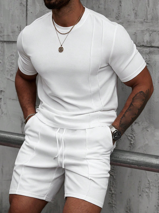 Manfinity Casualcool Men'S Summer Basic Solid Color Knitted Casual round Neck Short Sleeve Two Piece Suit, Suitable for Daily Casual Wear, Suitable Gifts for Husband and Boyfriend, Men White Outfit